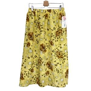 Vintage Yellow Floral Midi Skirt Elastic Waist Retro Print‎ Deadstock Womens 1X